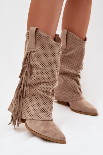Beige Pireya Cowboy Boots With Fringes Block Heel 2