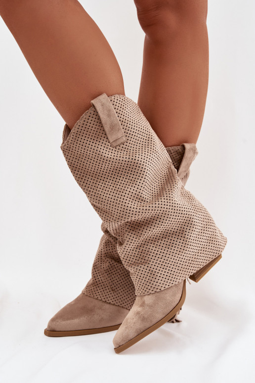 Beige Pireya Cowboy Boots With Fringes Block Heel