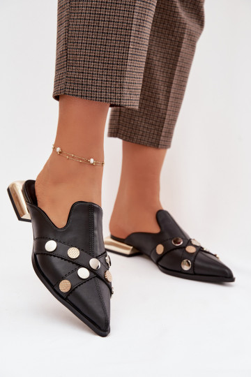 Skórzane Klapki Mule DamskiewithOzdobnymi Paskami D&A CR61-3058 Czarne