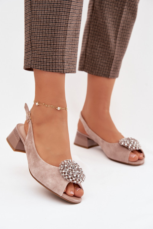 Leather Women's Block Heel Sandals With Embellishment D&A CR61-3030 Beige