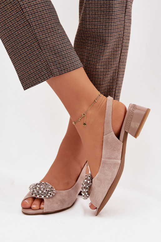 Leather Women's Block Heel Sandals With Embellishment D&A CR61-3030 Beige