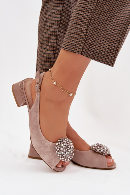 Leather Women's Block Heel Sandals With Embellishment D&A CR61-3030 Beige