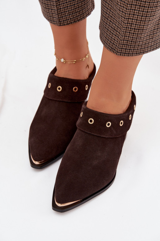 Zamszowe Klapki Kowbojki Damskie Na Słupku D&A CR61-3059 Czekoladowe