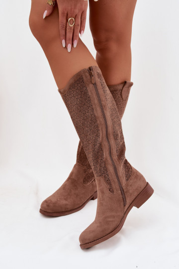 Women's Ankle Boots With Openwork Pattern On Flat Heel S.Barski HY61-8022 Brown