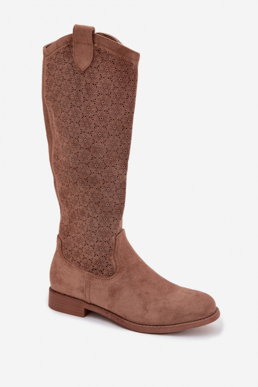 Women's Ankle Boots With Openwork Pattern On Flat Heel S.Barski HY61-8022 Brown