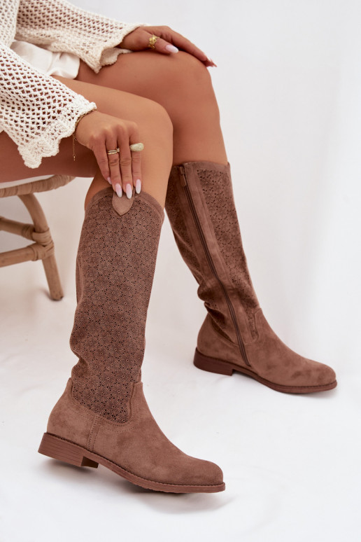 Women's Ankle Boots With Openwork Pattern On Flat Heel S.Barski HY61-8022 Brown