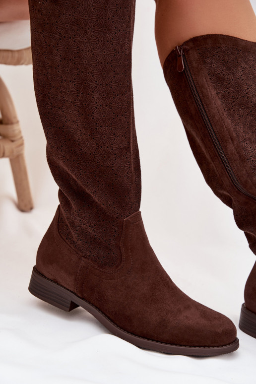 Women's Lace Pattern Ankle Boots With Flat Heel S.Barski HY61-8022 Chocolate