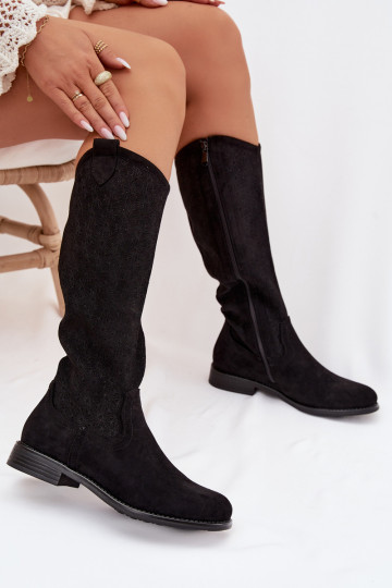 Women's Lace Pattern Flat Heel Boots S.Barski HY61-8022 Black
