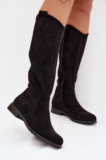 Women's Lace Pattern Flat Heel Boots S.Barski HY61-8022 Black 2