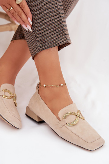 Women's Moccasins Made of Genuine Suede with Gold Detail D&A CR61-3115 Beige