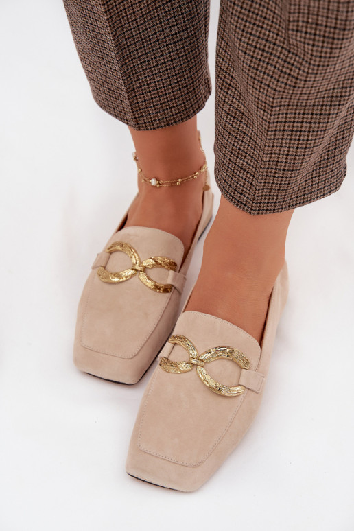 Women's Moccasins Made of Genuine Suede with Gold Detail D&A CR61-3115 Beige