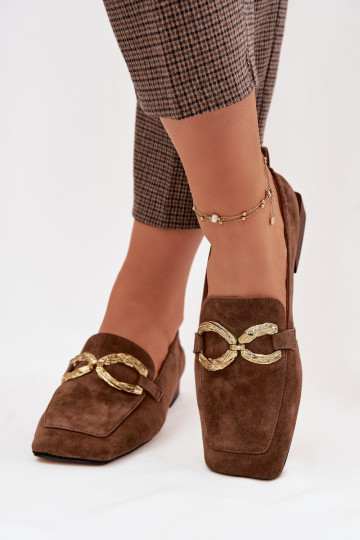 Women's Moccasins Made of Natural Suede with Gold Detail D&A CR61-3115 Brown