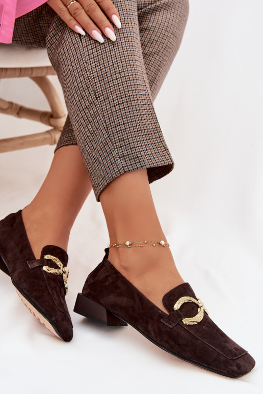 Women's Moccasins From Natural Suede With Gold Detail D&A CR61-3115 Chocolate