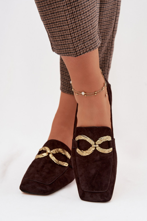 Women's Moccasins From Natural Suede With Gold Detail D&A CR61-3115 Chocolate