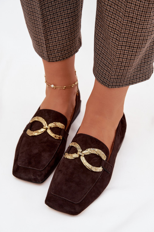 Women's Moccasins From Natural Suede With Gold Detail D&A CR61-3115 Chocolate