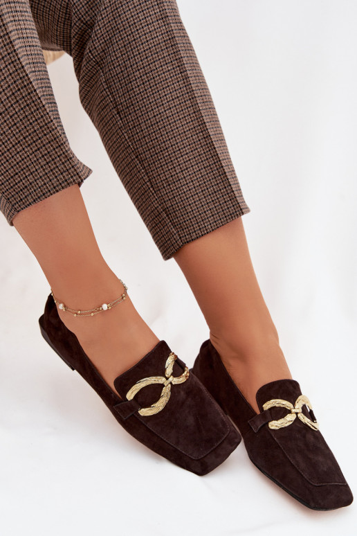 Women's Moccasins From Natural Suede With Gold Detail D&A CR61-3115 Chocolate