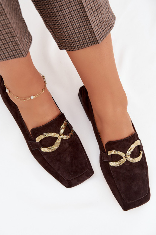 Mokasyny DamskiewithNaturalnego Zamszu Złoty Detal D&A CR61-3115 Czekoladowe