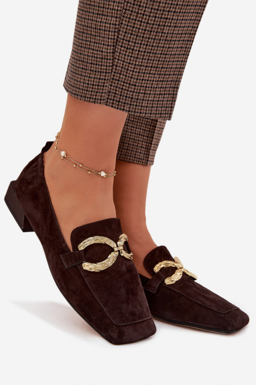 Mokasyny DamskiewithNaturalnego Zamszu Złoty Detal D&A CR61-3115 Czekoladowe