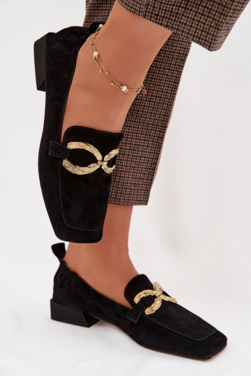 Women's Moccasins Made of Natural Suede with Gold Detail D&A CR61-3115 Black