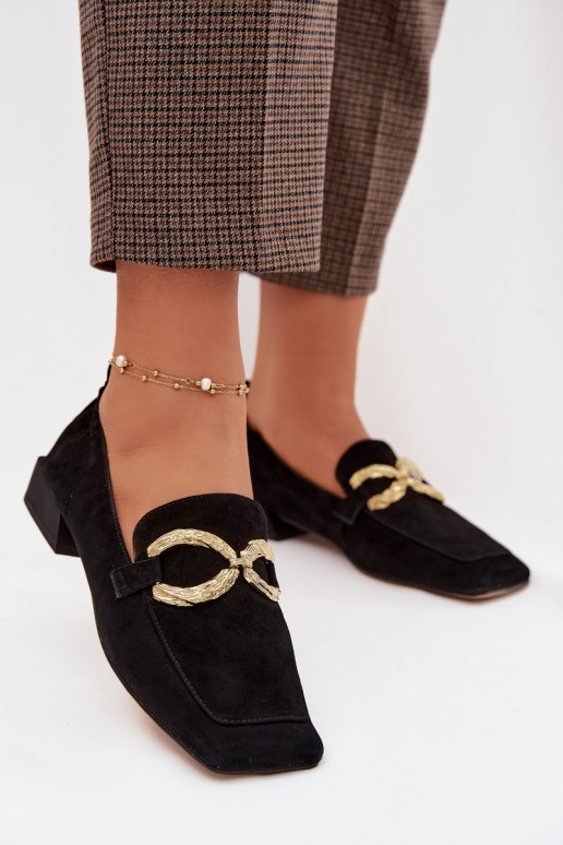 Women's Moccasins Made of Natural Suede with Gold Detail D&A CR61-3115 Black