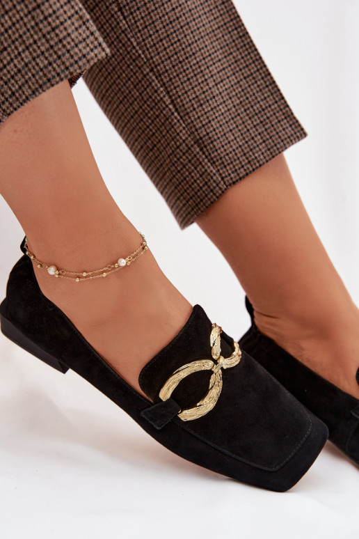 Women's Moccasins Made of Natural Suede with Gold Detail D&A CR61-3115 Black