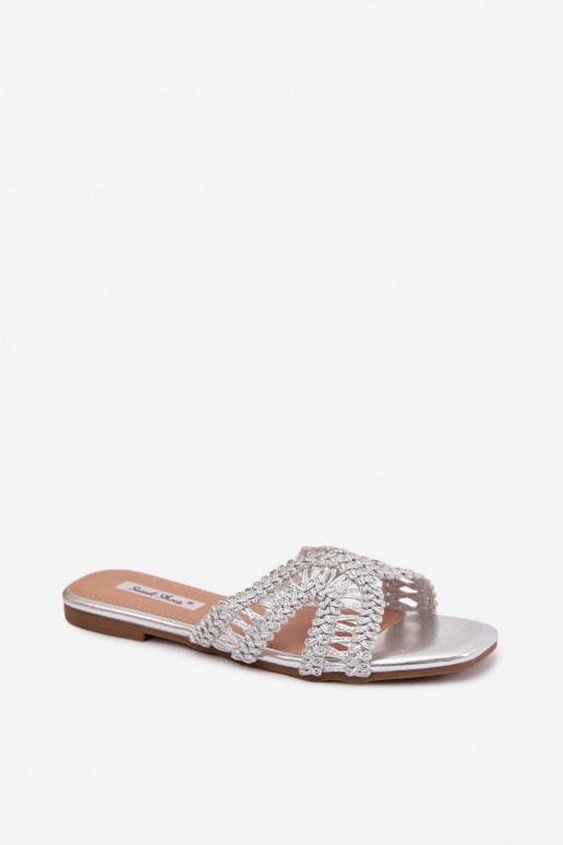 Women's Flat Silver Slides Fariella