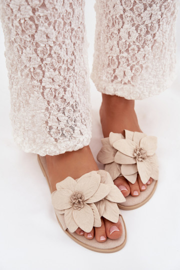 Women's Flat Shoes With Decorative Flowers Jasnobeżowe Elzoria