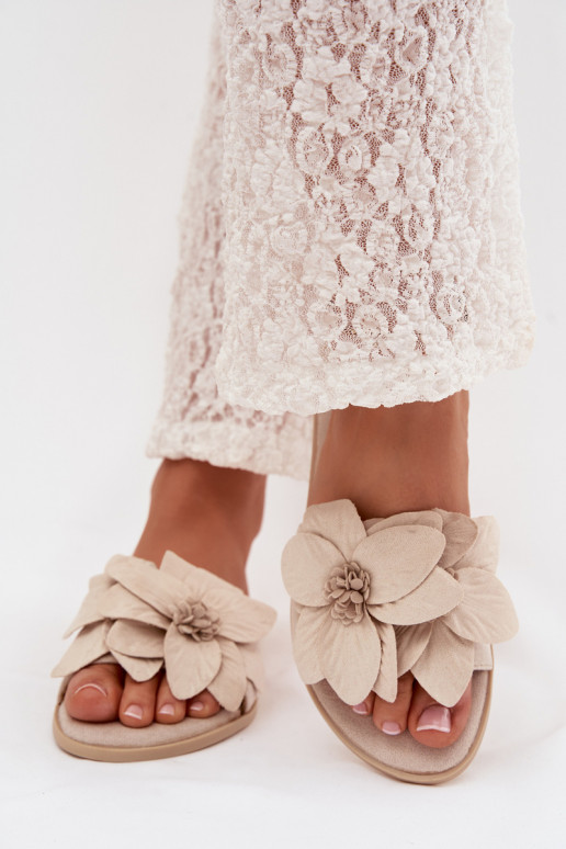 Women's Flat Shoes With Decorative Flowers Jasnobeżowe Elzoria
