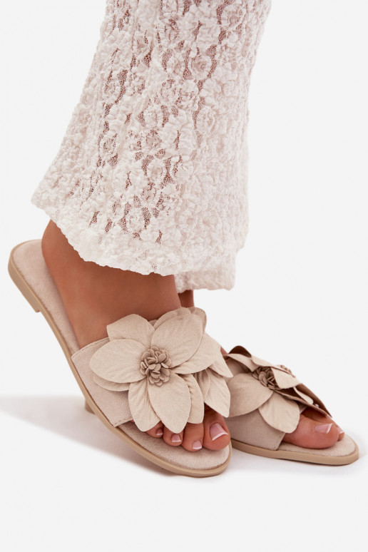 Women's Flat Shoes With Decorative Flowers Jasnobeżowe Elzoria
