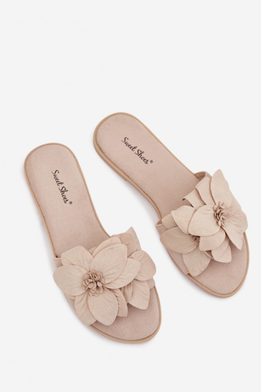 Women's Flat Shoes With Decorative Flowers Jasnobeżowe Elzoria
