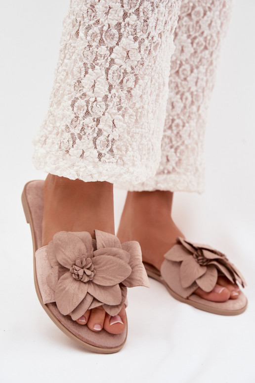 Women's Flat Beige Flower Embellished Slides Elzoria