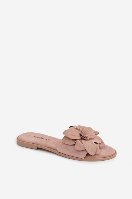 Women's Flat Beige Flower Embellished Slides Elzoria