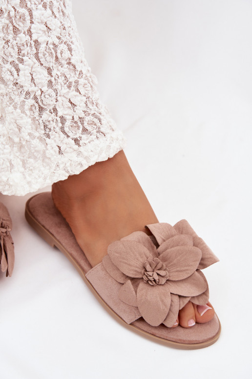 Women's Flat Beige Flower Embellished Slides Elzoria