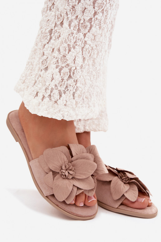 Women's Flat Beige Flower Embellished Slides Elzoria
