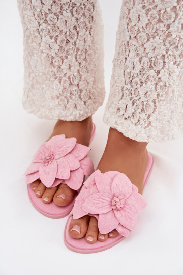 Women's Flat Pink Floral Embellished Slides Elzoria
