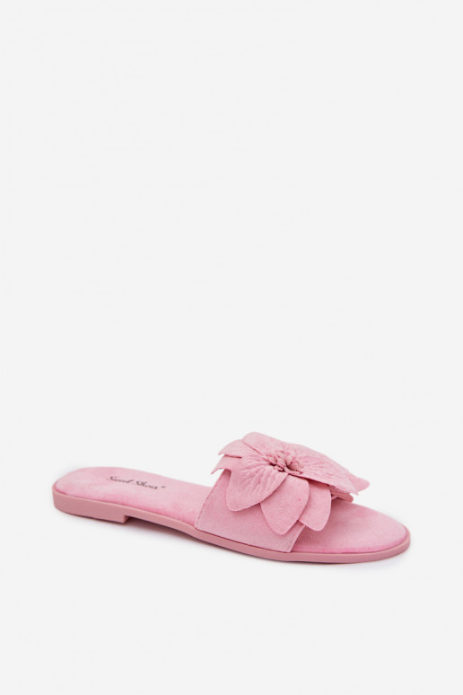 Women's Flat Pink Floral Embellished Slides Elzoria