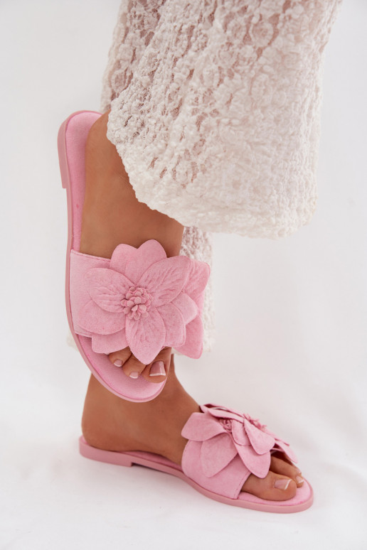 Women's Flat Pink Floral Embellished Slides Elzoria