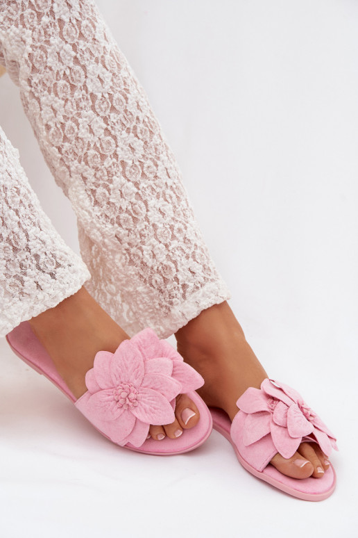 Women's Flat Pink Floral Embellished Slides Elzoria