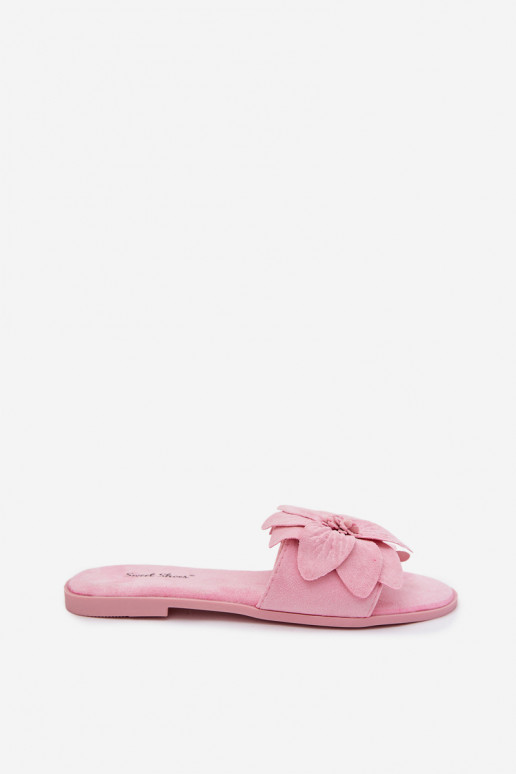 Women's Flat Pink Floral Embellished Slides Elzoria