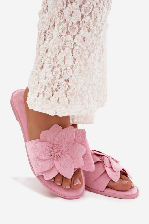 Women's Flat Pink Floral Embellished Slides Elzoria