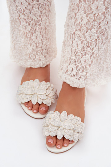 Women's Flat White Decorated Slides Grelora
