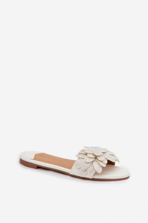 Women's Flat White Decorated Slides Grelora