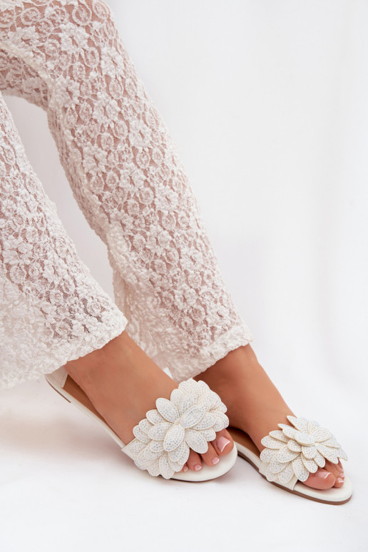 Women's Flat White Decorated Slides Grelora