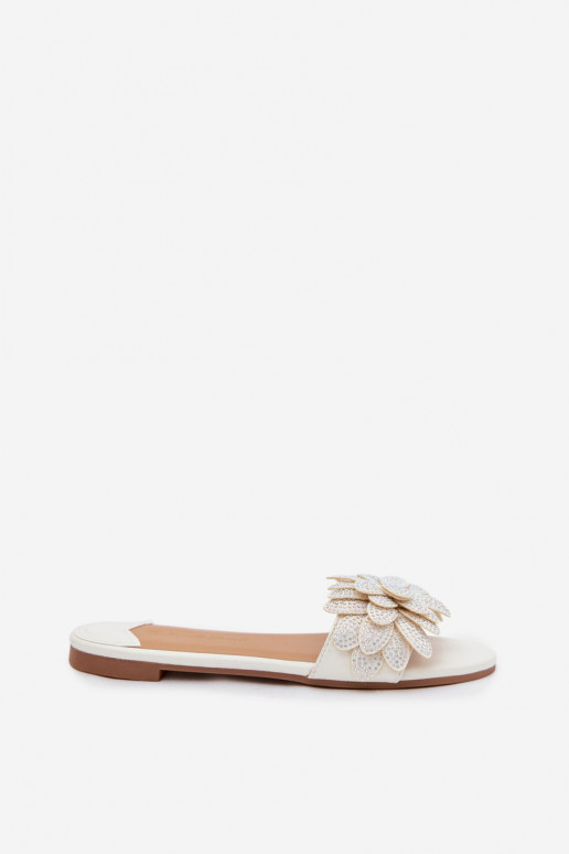 Women's Flat White Decorated Slides Grelora