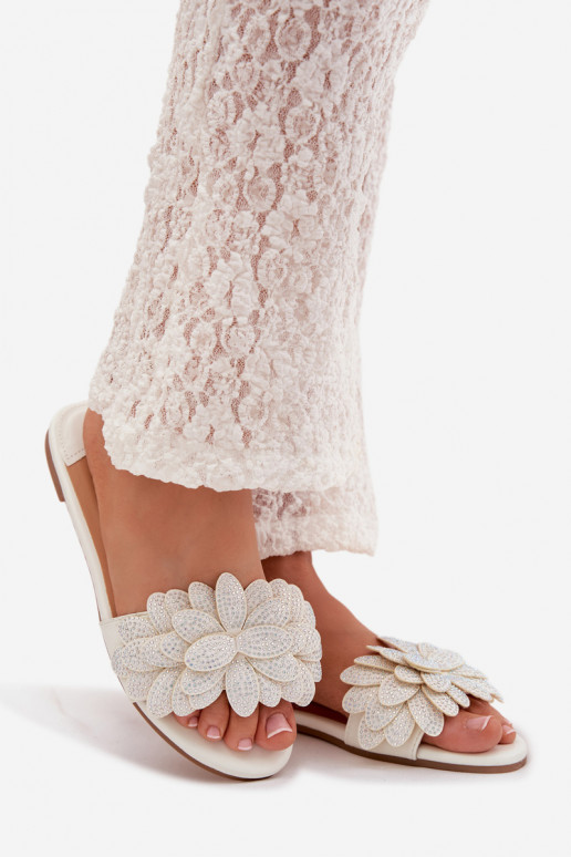 Women's Flat White Decorated Slides Grelora
