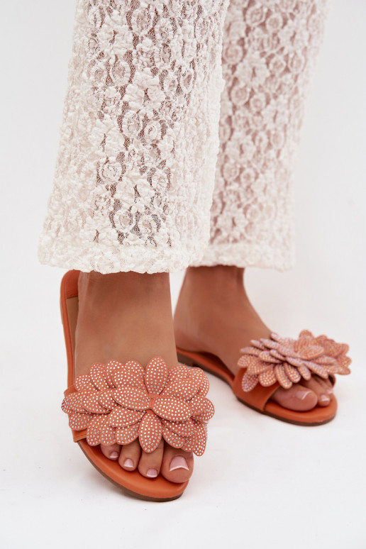 Women's Flat Decorated Orange Grelora Slides