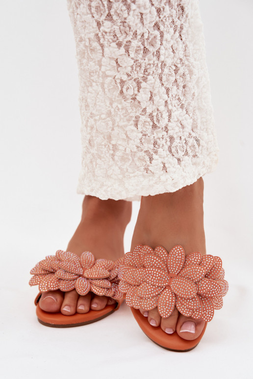 Women's Flat Decorated Orange Grelora Slides