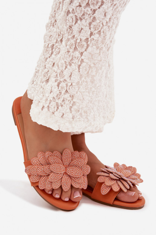 Women's Flat Decorated Orange Grelora Slides