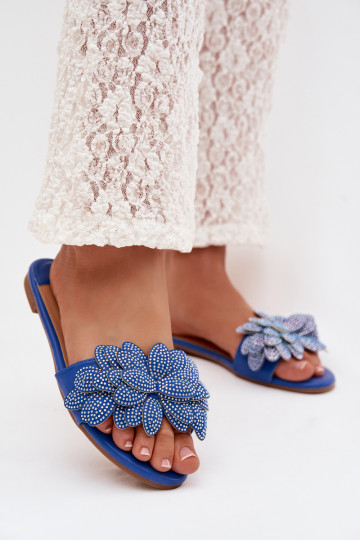 Women's Flat Blue Slides With Embellishment Grelora 2
