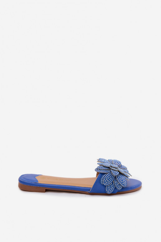 Women's Flat Blue Slides With Embellishment Grelora